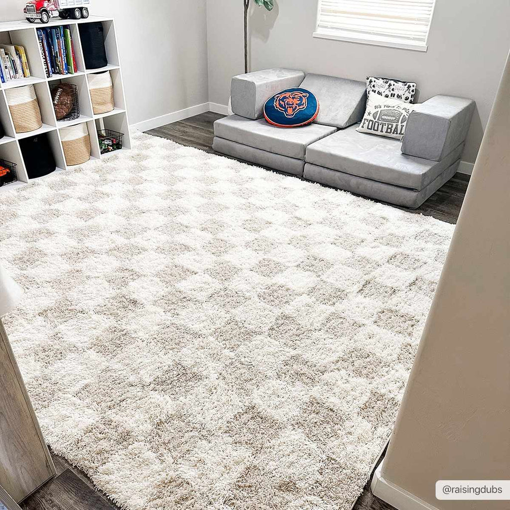 Cloud-Soft Checkered Area Rug – Contemporary Plush in Warm Neutrals