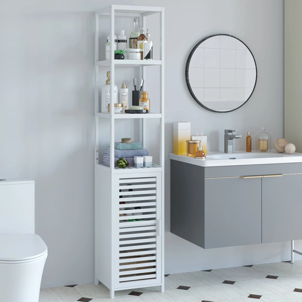 Getone Bathroom Tall Cabinet Bamboo Storage Cupboard Slim Bathroom Shelving Unit 169cm