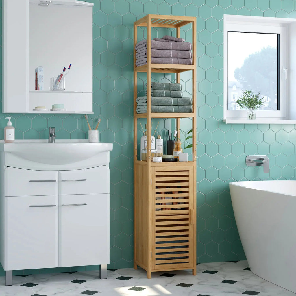 Getone Bathroom Tall Cabinet Bamboo Storage Cupboard Slim Bathroom Shelving Unit 169cm
