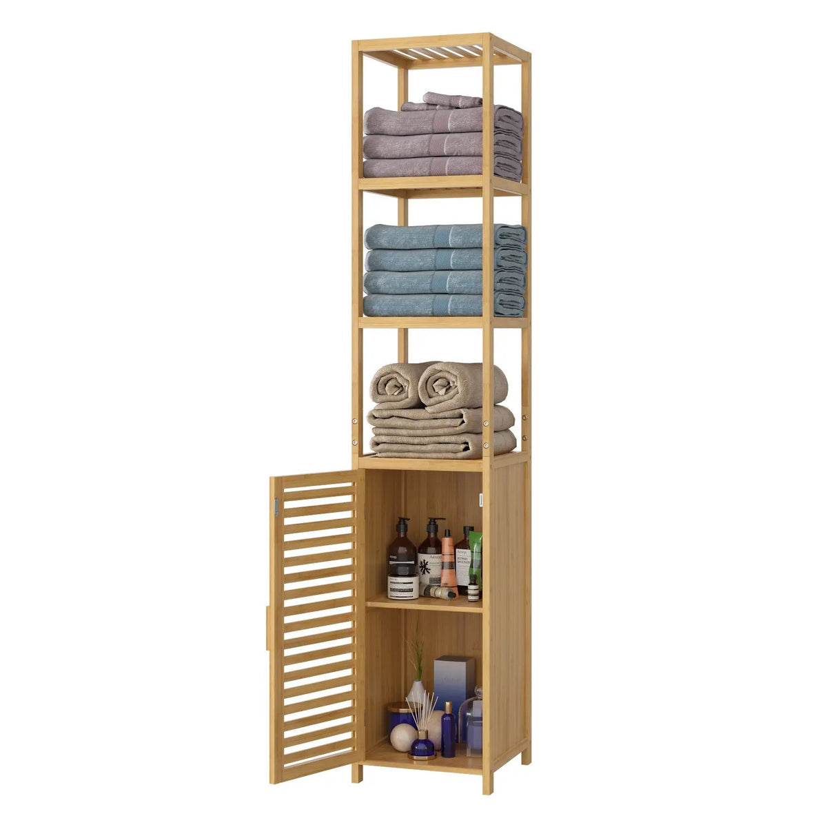 Getone Bathroom Tall Cabinet Bamboo Storage Cupboard Slim Bathroom Shelving Unit 169cm