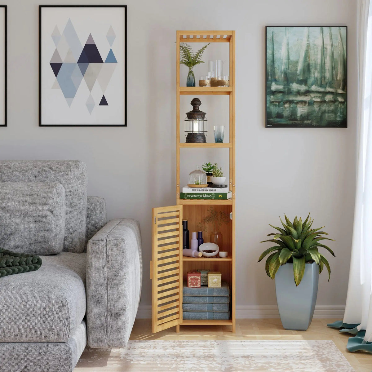 Getone Bathroom Tall Cabinet Bamboo Storage Cupboard Slim Bathroom Shelving Unit 169cm
