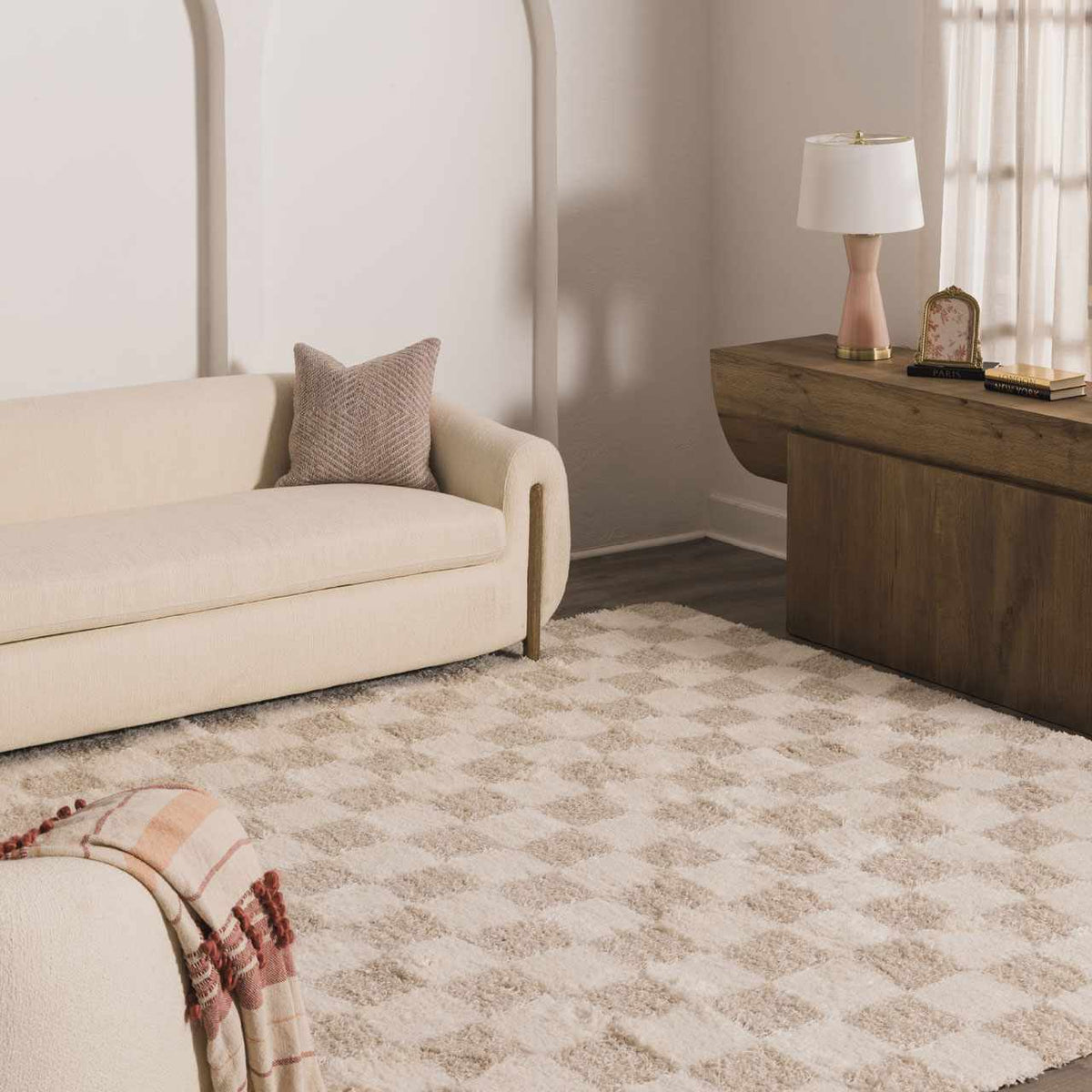 Cloud-Soft Checkered Area Rug – Contemporary Plush in Warm Neutrals