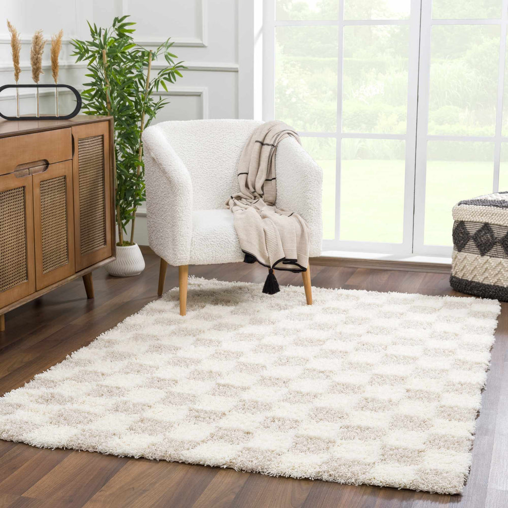 Cloud-Soft Checkered Area Rug – Contemporary Plush in Warm Neutrals