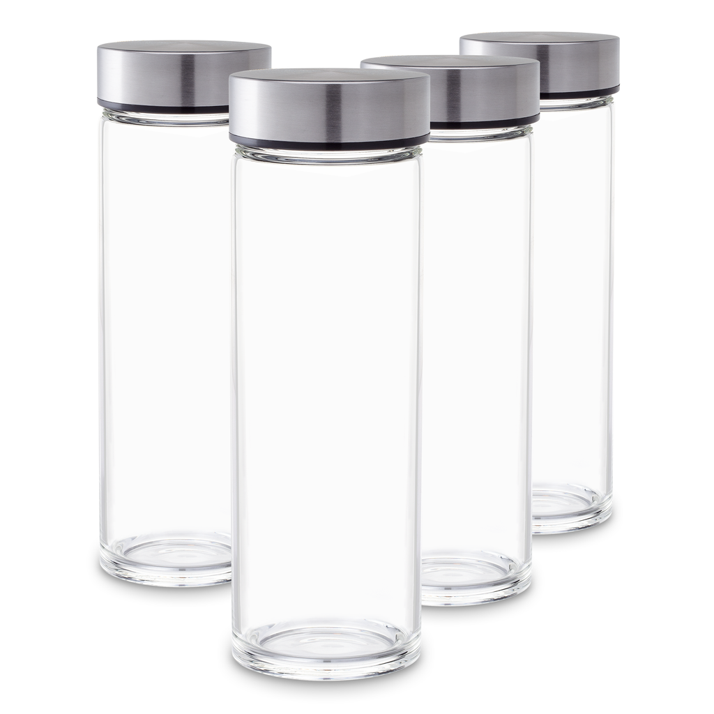 Skinny Series Wide Mouth Glass Bottles Set w/ Stainless Steel Lids, 16 oz